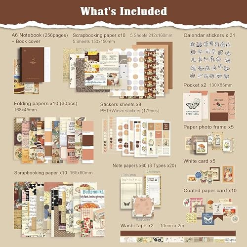 Image of Vintage Aesthetic Scrapbook Kit(346Pcs) Scrapbooking Supplies Kit with Bullet Junk Journal,Stationery,A6 Grid Notebook Journaling Gift for Girl (Brown Vintage Scrapbook)