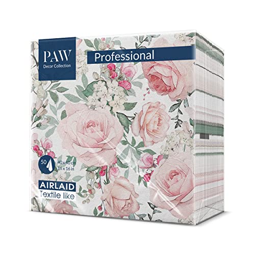 PAW Serviettes en Papier Airlaid. 40 x 40cm. 50 pièces. HoReCa. Décoration de table. Fleurs, roses - texture du tissu, couleurs subtiles. Une superbe pour toute table Cover
