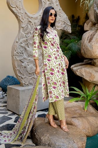 Image of MIRCHI FASHION Women's Straight Fit Pure Cotton Floral Printed Kurta Set with Dupatta and Pant