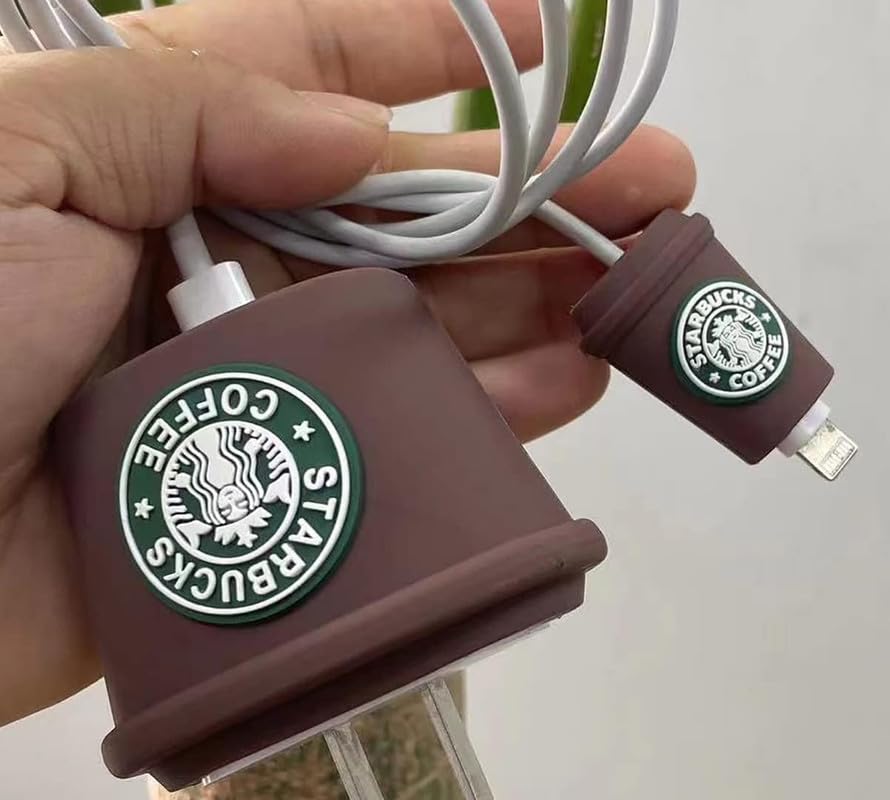 Image of DIVERTS Charger Case Cover 360 Degree Full Protection Cover Funny Cartoon Character Compatible for iPhone 18-20W Silicone Protective Charger Cover Cable Protector (Star-Cup Brown Design)