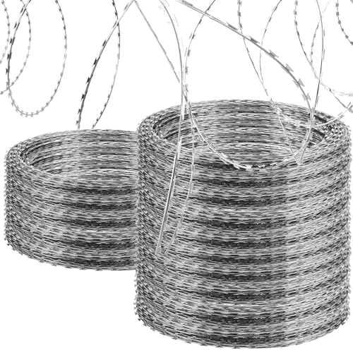 QVQE 656FT Razor Wire Fencing Galvanized Steel Wire Razor Ribbon Barbed Concertina Wire 82 Feet per Roll 8 Pcs