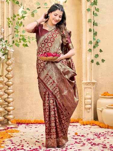 Image of Satrani Women's Silk Banarasi Weaving Saree with Unstitched Blouse Piece