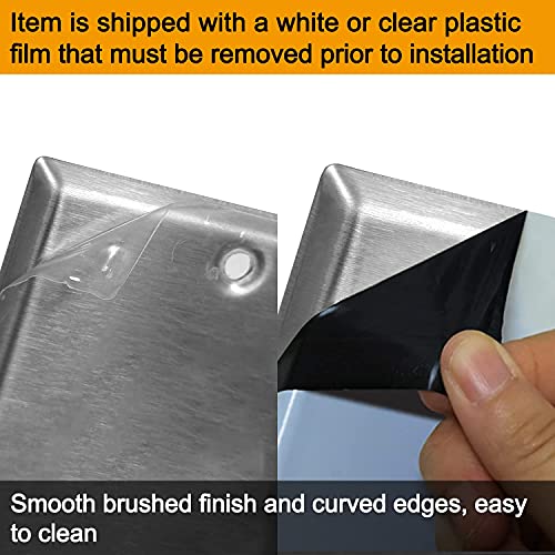 [10 Pack] Bestten Duplex Receptacle Metal Wall Plate With Ｗhite Or Clear Plastic Film, 1 Gang Standard Industrial Stainless Steel Outlet Cover, Durable Corrosion Resistant, Brushed Finish, Silver #TOP1