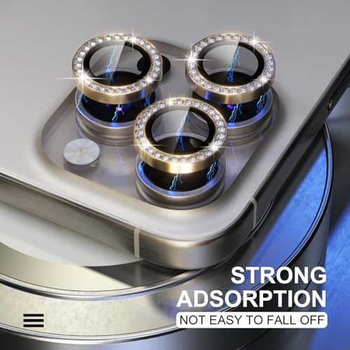 Image of Choiche Compatible for iPhone 15 Pro /iPhone 15 Pro Max Camera Lens Protector Bling, 9H Tempered Glass Camera Cover Screen Protector Metal Ring Decoration Accessories (Diamond-Gold)
