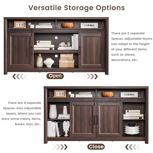 Image of Farmhouse TV Stand for Living Room, Entertainment Center with Storage, Walnut TV Console for Bedroom, Media Storage Cabinet with Sliding Barn Doors & Adjustable Shelves, Fits 80 Inch TV, Rustic Wood