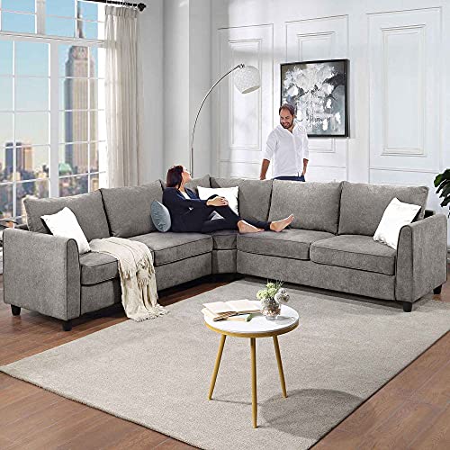ATY 100" Sectional Sofa with 3 Pillows, Modern Rivet Reversible L Shape Couch, Upholstered Furniture for Living Room Office, Grey