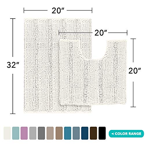 Image of Luxury Chenille Bath Rug Sets for Bathroom Extra Absorbent Bath Mat With Toilet Floor Rug, Non-Slip, Machine-Washable, Shaggy Carpet Rug Soft, Plush Rugs for Tub Shower 20 inch x 32 inch /20 inch x 20 inch, Shag Ivory