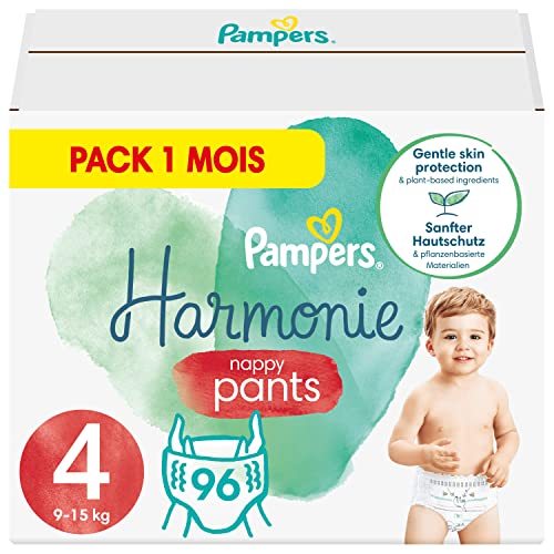 Pampers Harmonie Pants tamaño 4, 9-15 kg, caja mensual (96 pañales), protección suave de la piel e ingredientes vegetales.