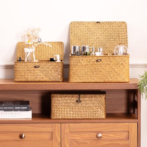 Nonam Storage Basket with Lid, Natural Seagrass Bin with Lid Set of 3, Shelf Baskets Multipurpose Container for Boho Decoration, Rectangular Household Storage Boxes for Home Organization-Natural - Image 6