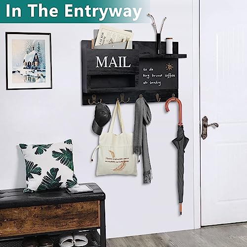 Key Holder Wall Mount, Wooden Key Rack And Mail Organizer For Wall Mount With A Chalkboard, 2 Storage Shelf And 5 Key Hooks For Entryway Home Decor, Letters, Wallet, Umbrellas, Sunglasses (Black) #TOP3