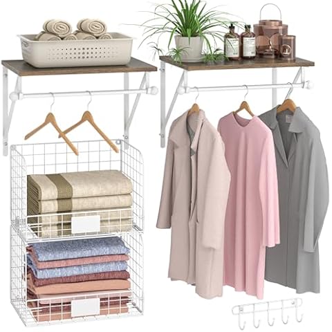 DAOUTIME 2 Set Laundry Room Shelves Wall Mounted with Wire Storage Baskets, Over Washer and Dryer Shelves with Hanging Rods and Hooks, Wire Shelves for Laundry Organization and Storage, White, Wooden Cover