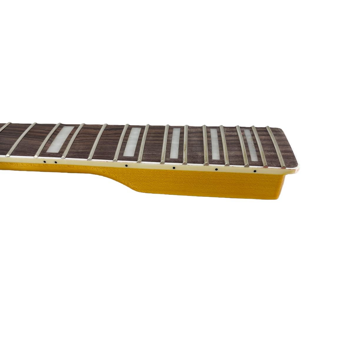 Manico di ricambio per chitarra elettrica in acero per mancini, con vernice gialla lucida, 22 tasti, scala 64,8 cm, tastiera in palissandro con inserto bianco, forma a C, dado normale sul