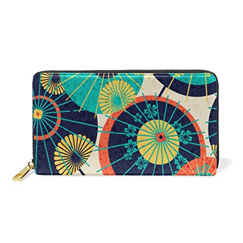 Preisvergleich Produktbild GIGIJY Geldbörse, buntes japanisches Regenschirm-Muster, mehrere Kreditkartenfächer, Tasche für Frauen, echtes Leder, mit Reißverschluss