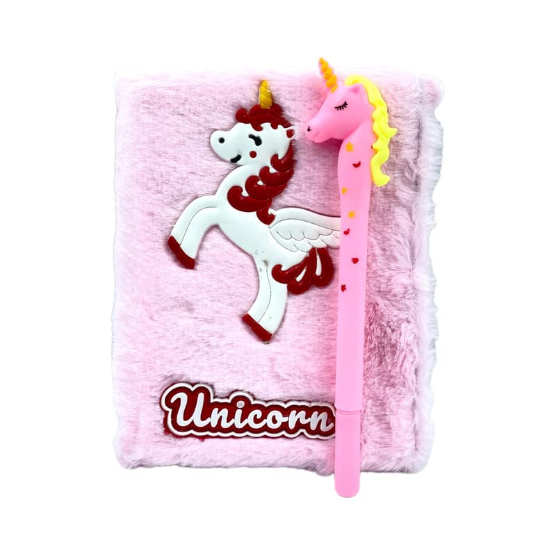 FULLKART Unicorn Fur Diary for Girls Personal A6 Size Diary Fur Notebook with Ruled Page Approx. 180 Pages Soft Cute Fur Cover Diary for Girls (UNICORN FUR DIARY) with Gel Pen (Pink)