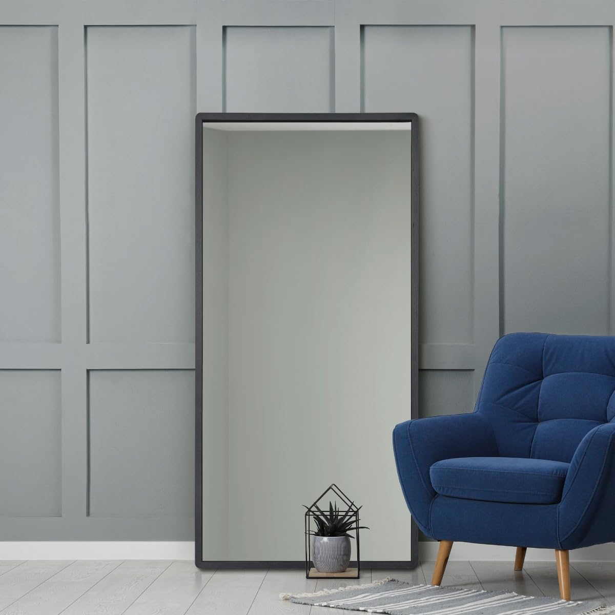 MirrorOutlet The Naturalis - Solid Black Oak Rounded Corners Modern Leaner Wall Mirror 63" X 31" (160CM X 80CM) 48m deep frame Premium Mirror Glass with Black Backing. Scandinavian Inspired!