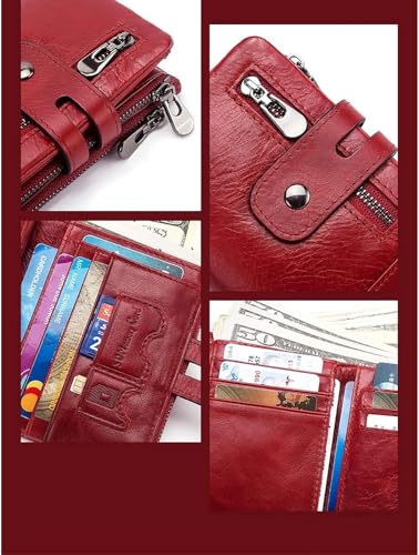 Leather Mens Wallet With Chain Genuine Leather Purse RFID Blocking Bifold Double Zipper Coin Pocket With Anti-Theft Chain Multifunctional Card Holder Minimalist Purse Zipper Coin Pocket With ID Window3
