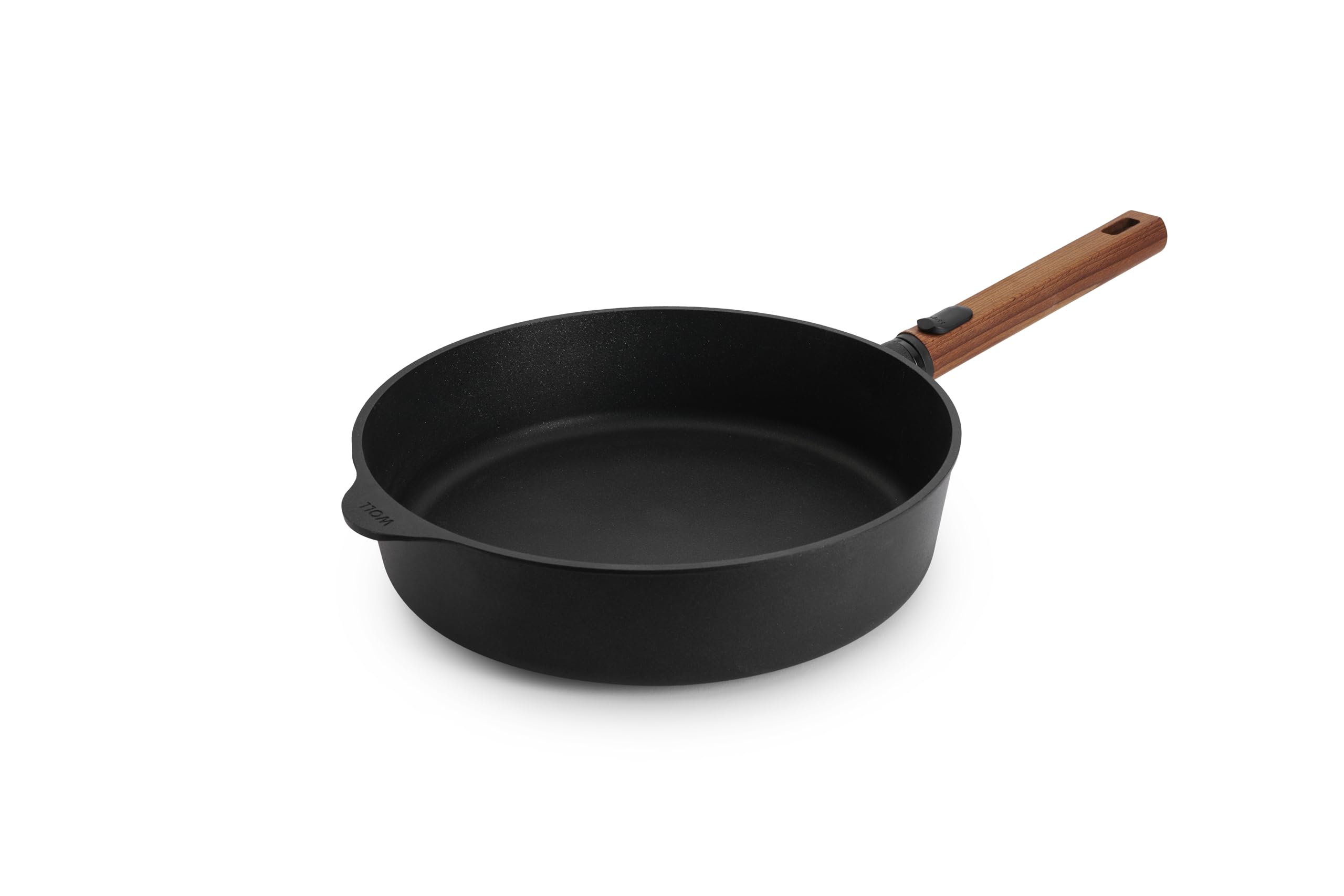 Woll Eco Logic QXR - Sartén de hierro fundido (inductiva, diámetro de 28 cm, 7 cm de alto, con mango de madera sostenible extraíble, apta para todo tipo de cocinas, sin PFAS, revestimiento