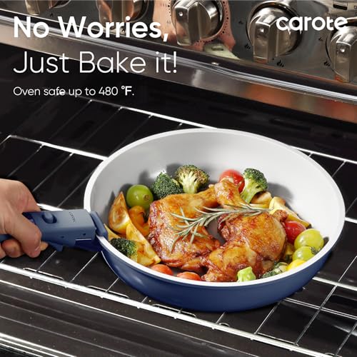 CAROTE 25pcs Ceramic Cookware Set, Pots and Pans Set Non Stick, Induction Kitchen Cookware Sets, Non Stick RV Cookware Set with Detachable Handle, Dishwasher/Oven Safe Cookware Set, Navy - Image 7