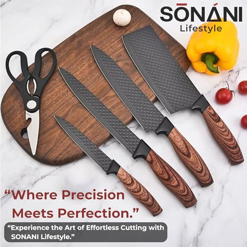 Image of Professional Piece Kitchen Knife Set - High Carbon Stainless Steel Chef, Utility & Santoku Knives with Ergonomic Blue Handles Knife (Black, 6 piece)