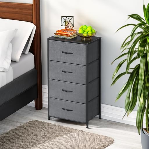 AODK Dresser for Bedroom with 4 Storage Drawers, Small Dressers Chest of Drawers Fabric Dressers with Sturdy Steel Frame, Dresser for Closet with Wood Top, Dark Grey