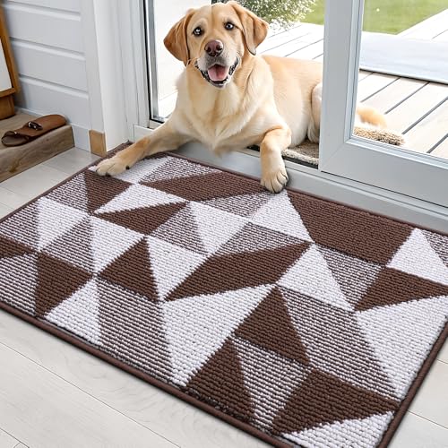 Image of OLANLY Door Mat Indoor Entrance Washable 36x24, Odor-Free Low-Profile Front Back Geometric Doormat, Absorbent Resist Dirt Entry Carpet, Easy to Clean Sturdy Floor Mats for Entryway, Dark Brown