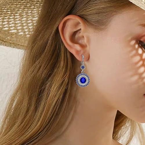AILUOR Vintage Round Blue Sapphire Sunflowers Dangle Earrings, Women's Unique Retro Colorful Ethnic Bohemian Earrings Jewelry for Women3