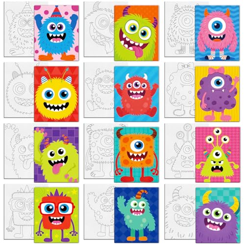 MAYJOYDIY 12 Pcs Little Monster Pre Drawn Canvas to Painting Cartoon Glasses Pre Printed Canvas for...