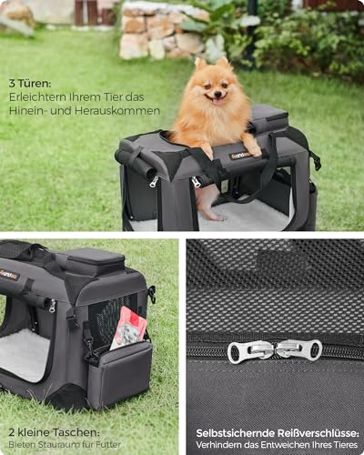 Feandrea Hundebox faltbar, Transportbox Hund, S, Hundetasche, Oxford-Gewebe, Netzstoff, atmungsaktiv tragbar transportabel, Metallrahmen, mit Griffen, Taschen, 50 x 35 x 35 cm, grau PDC50G01