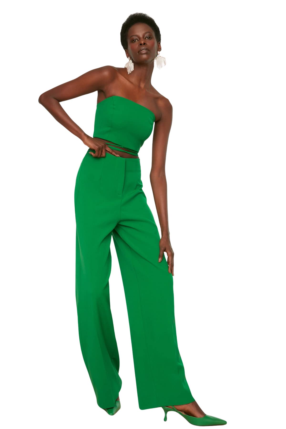 Trendyol Women High Waist Straight Leg Cigarette Pants Trousers Green