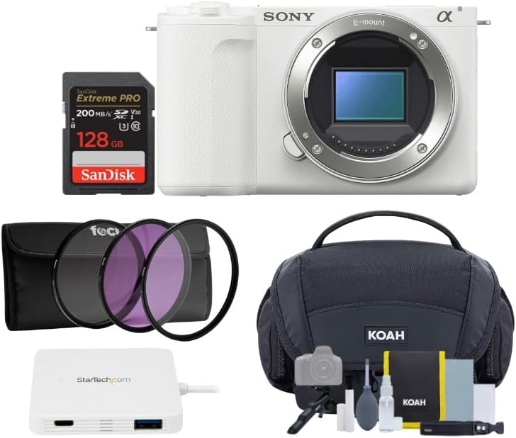 Sony Alpha ZV-E10 II Content Creators Camera with APS-C Mirrorless Lens and Lens Kit (White) Bundle with Gadget Bag, 128GB Memory Card, USB-C Hub (White) and Focus Camera Lens Filter Kit (5 Items)