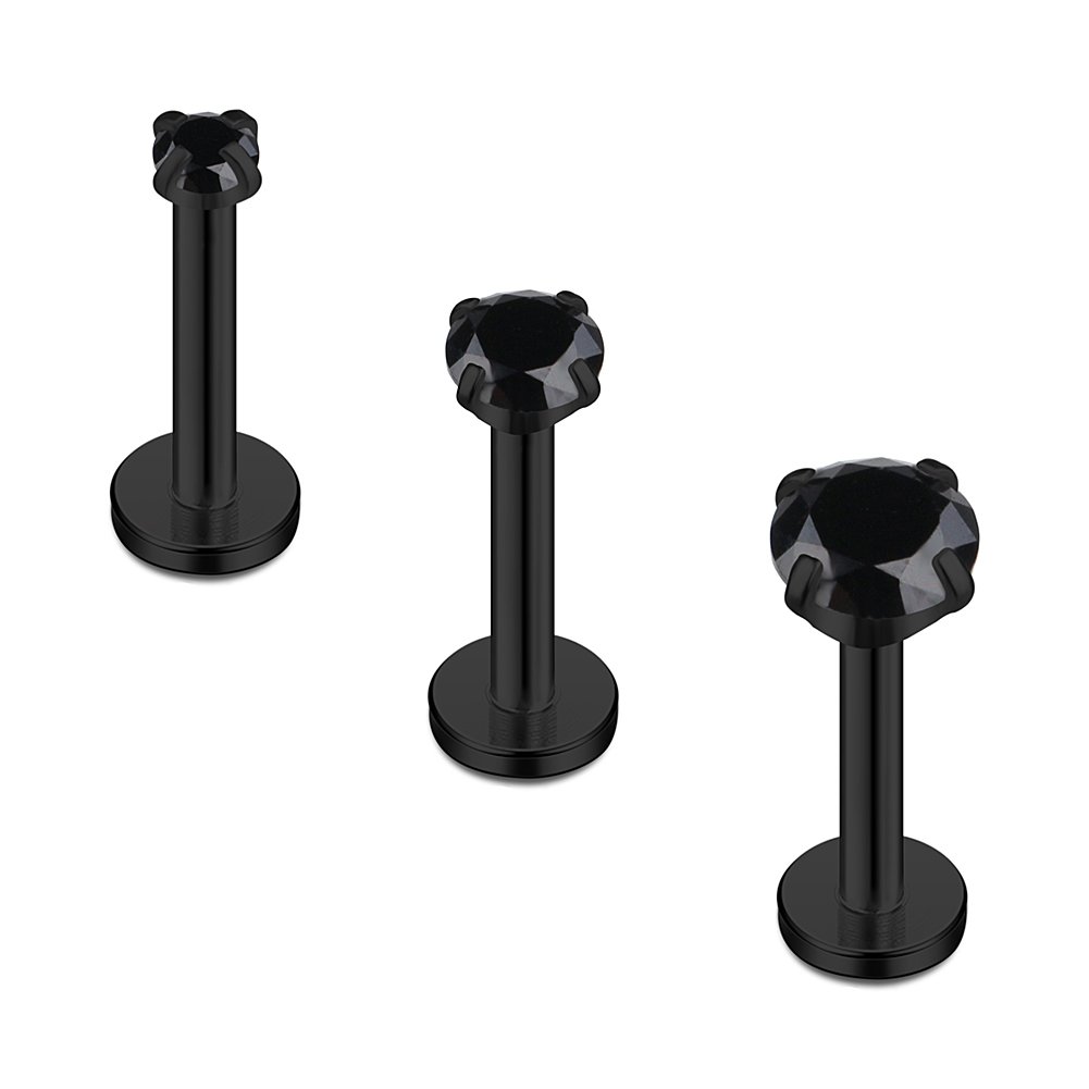 Acero inoxidable chapado en negro de 0.079 in, 0.118 in, 0.157 in, circonita cúbica negra, rosca interna, labret monroe, anillo de labio, tragus, hélice, pendiente, barra, piercing de barra,