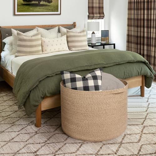 Image of MEGASKET 115L Wicker Storage Basket, 23.6 inchx15.7 inch Woven Cotton Rope Basket, Giant Kids Dog Toy Bin Organizer, XXXL Blanket Pillow Holder for Living Room, Brown Variegated Wicker Baskets for Organizing