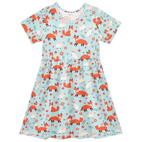 Fox Pattern Girls Short Sleeve Dress Casual A Line Twirly Skater Dresses