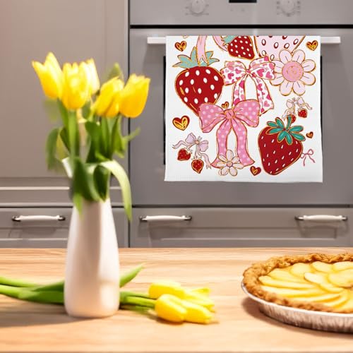 Image of Coquette Strawberry Kitchen Towels, Cute Girly Strawberry Hand Towels for Bathroom Decor, Preppy Pink Bow Fruit Strawberries Dish Tea Towels for Kitchen, 16x24 Inch