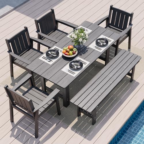 Image of Pamapic Patio Dining Table Set, 6-Piece Outdoor Dining Set for 6, Grey | 1 Rectangular Table, 4 Chairs & 1 Bench, Wood-Grain HDPE, Elegant Armrests, All-Weather Design, Umbrella Hole