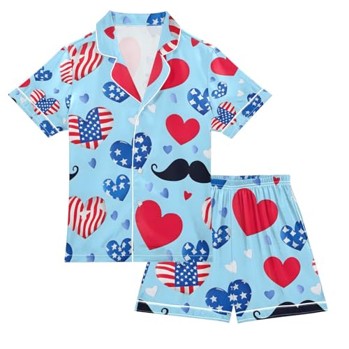 senya The Usa Hearts Star Satin Summer Pajama Sets Silk Short Sleeve Button Down Sleepwear