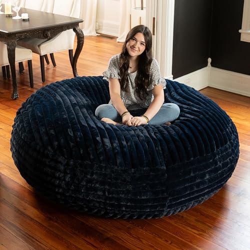 Image of Jaxx 6 Foot Cocoon - 2-in-1 Convertible Bean Bag Bed & Large Bean Bag Chair for Adults, Premium Luxe Faux Fur - Mondo Midnight Blue