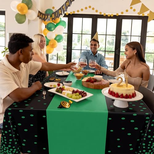 Image of Oudain 6 Pcs Green and Black Tablecloth for Parties Plastic Dot Tablecloths Printed Table Runner Waterproof Disposable Rectangle Table Cover for Graduation Birthday Wedding Summer Party, 54 inch x 108 inch