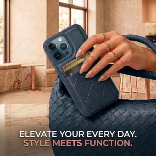 Image of amazon basics Premium Vegan Leather Back Cover with Card Holder and Integrated Mobile Stand for iPhone 12 Pro Max - Slim Shockproof Wallet Case with Geometric Stitching [Blue]