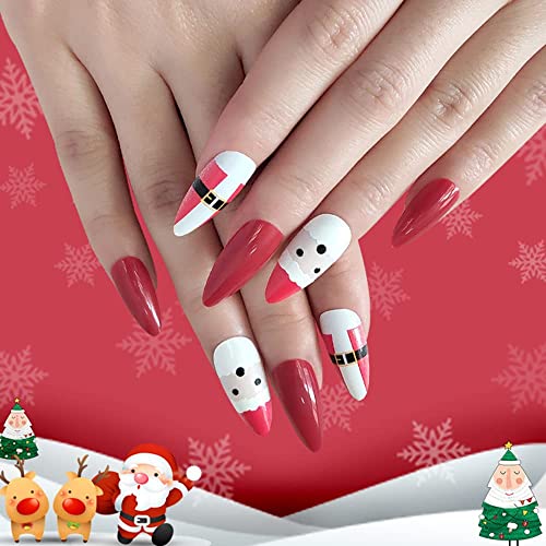 Christmas Press on Nails Medium Length Fake Nails Acrylic Nails Red Christmas Snowflake Elk Buffalo Plaid Design Fake Nails Winter Classic Nail Decoration for Women and Girls (Cute Santa)