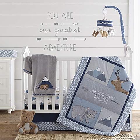 Levtex Baby - Emerson Crib Bed Set - Baby Nursery Set - Navy, Blue, Grey and Tan - Animal Adventure - 4 Piece Set Includes Quilt, Fitted Sheet, Wall Decal & Dust Ruffle Cover