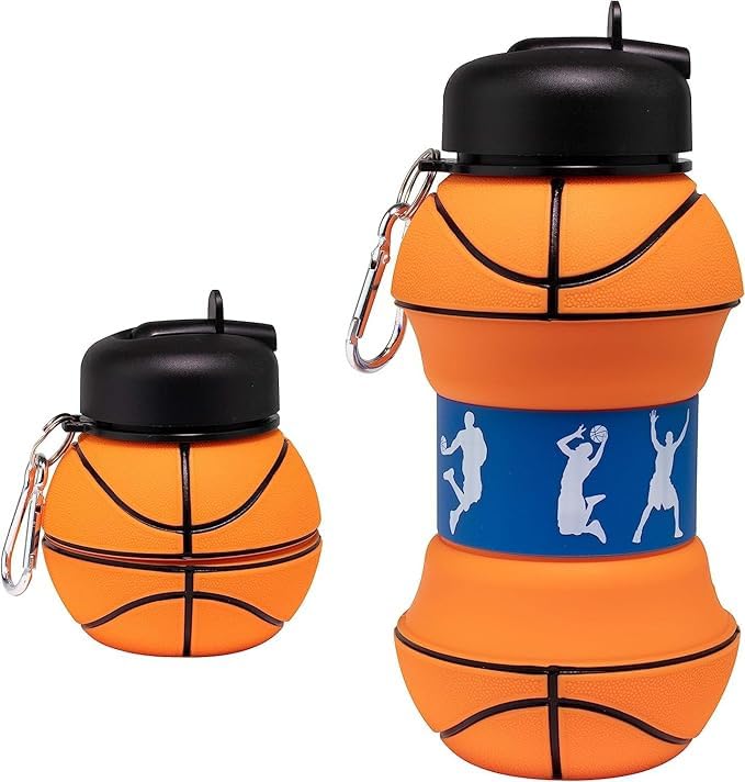 Image of Silicone Expandable & Foldable Basketball Water Bottle | 500ML Soft Collapsible Sports Bottle for Boys & Girls | Leak-Proof, Portable & BPA-Free | Basketball Theme (Multicolor)