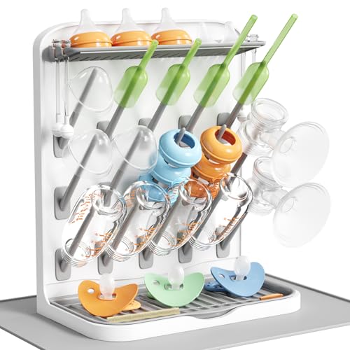 Lifewit Large Baby Bottle Drying Rack with Drain Mat, 15 Hooks Vertical Rack Dryer with Removable Pacifiers Box, Drip Tray, Space Saving Countertop Holder Organizer for Weighted Straws, Pump Parts