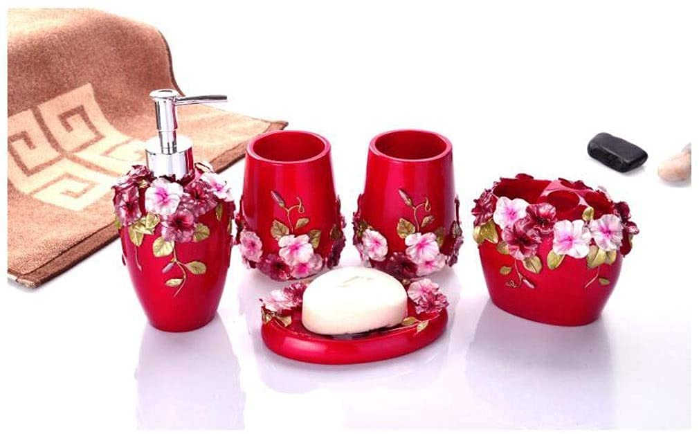 Accesorios De Baño Juego De Accesorios De Baño De Resina Roja, Dispensador De Jabón, Soporte para Cepillo De Dientes, Vaso, Jabonera, 5 Piezas Set De Baño Accesorios