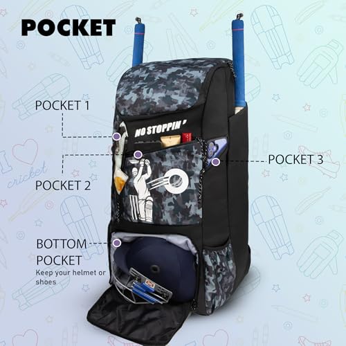 Image of WHACKK Kallis 103L Unisex Cricket Kit Bag Backpack | Adult Size | 2 Bat | Shoe /Helmet Pocket | Main Compartment 18 inch Leg Pad |2 Bottle Holder | Easy Access Pocket | Player Edition Senior (Grey Black)