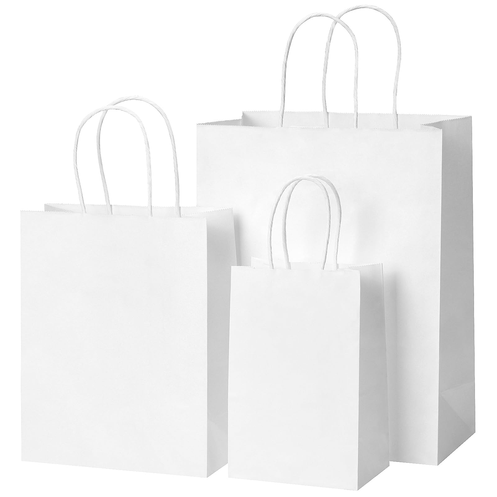 OUTUXED 100pcs White Paper Bags with Handles Bulk 3 Assorted Sizes Kraft Gift Wrap Bags for Gift, Retail, Party & Business,Birthday,Take Out Sacks,