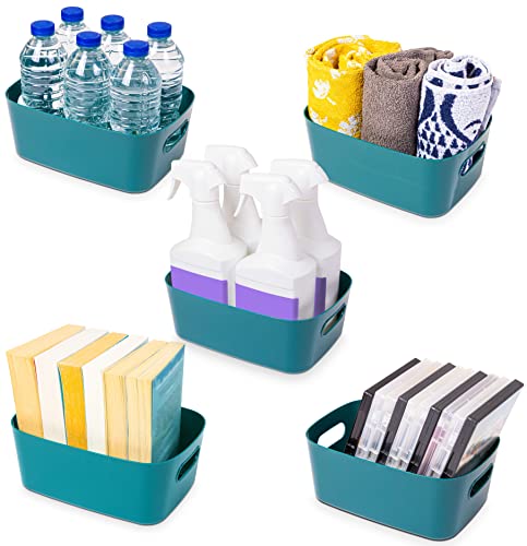 Stackzy Plastic Storage Baskets for Shelves – Strong Storage Boxes with Handles – Home and Kitchen Organiser – Rectangular Cupboard Storage Boxes –– Stackable Pantry Basket – Blue, 5pcs
