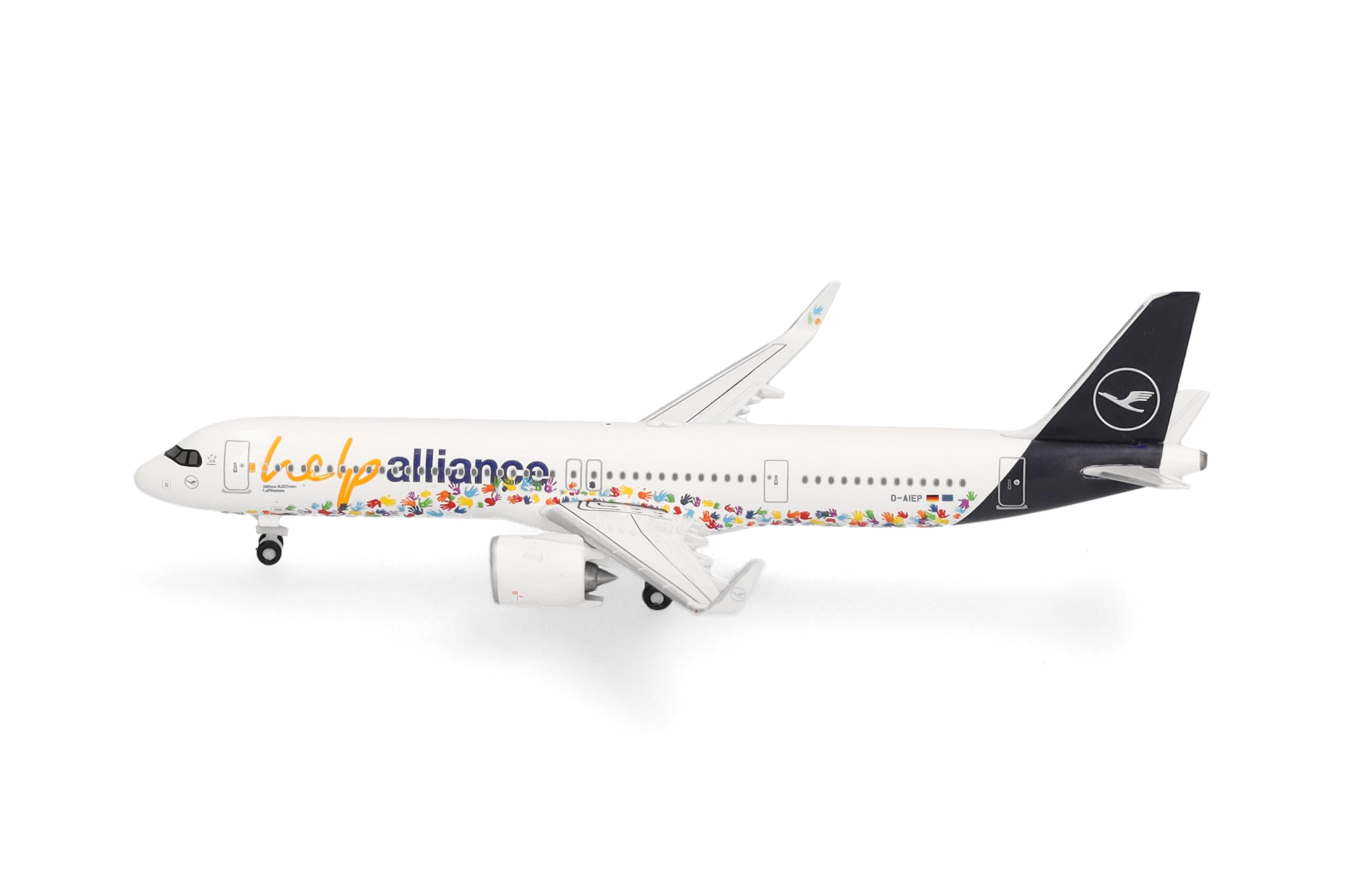 Herpa Modellflugzeug Lufthansa Airbus A321neo Help Alliance, Miniatur im Maßstab 1:500, Sammlerstück, Flugzeug Modell ohne Standfuß, Metall