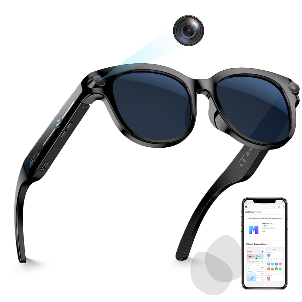 Smart Glasses with Camera Bluetooth AI Sunglasses Translation Voice Control Music Play for Travel Conferences Vlogging Unisex