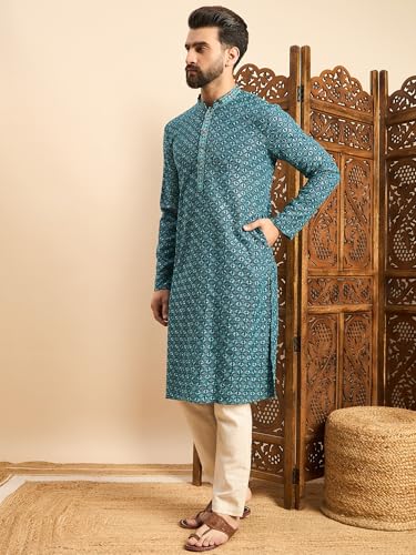 Image of Amazon Brand - Tavasya Men Rayon Geometric Embroidered Mandarin Collar Straight Kurta